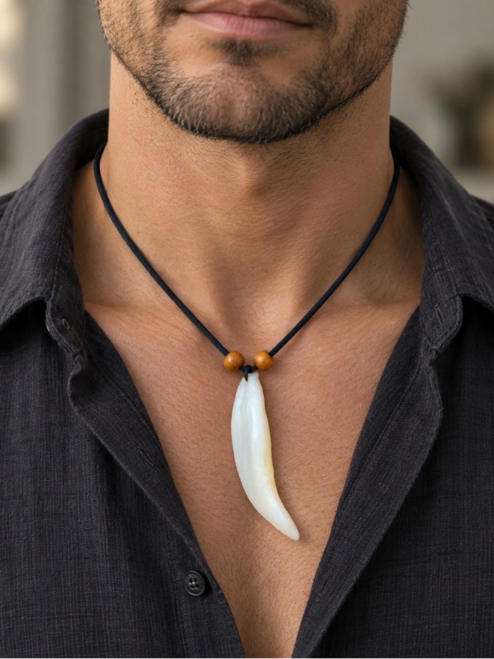 Men's Cream Horn Pendant Necklace on Black Cord